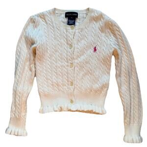 RALPH LAUREN Girls 6 Cream Cable Knit Cardigan Sweater Pink Pony Logo Ruffles